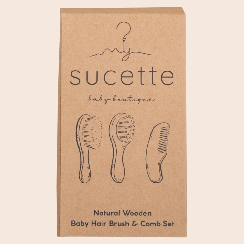 My Sucette Natural Wooden Baby Hair Brush and Comb Set 3pc - Goat hair - NEW